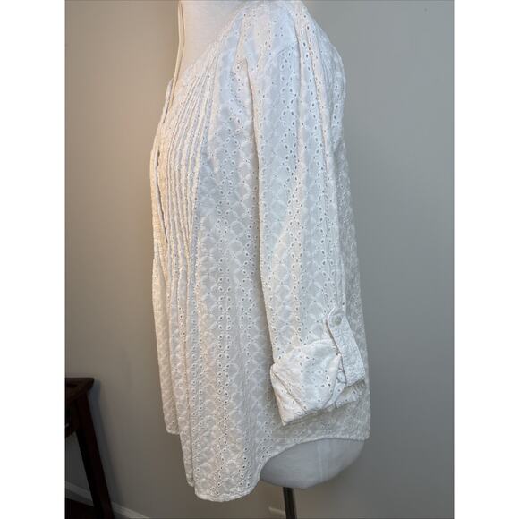 Fever White Eyelet Pintuck Boho Blouse Women’s L Cotton Peasant Top - Picture 9 of 16